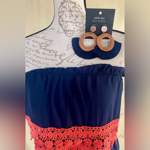 Fascination Boutique Strapless Maxi Dress w/ Orange Crochet Detail + Earrings - Picture 3 of 5